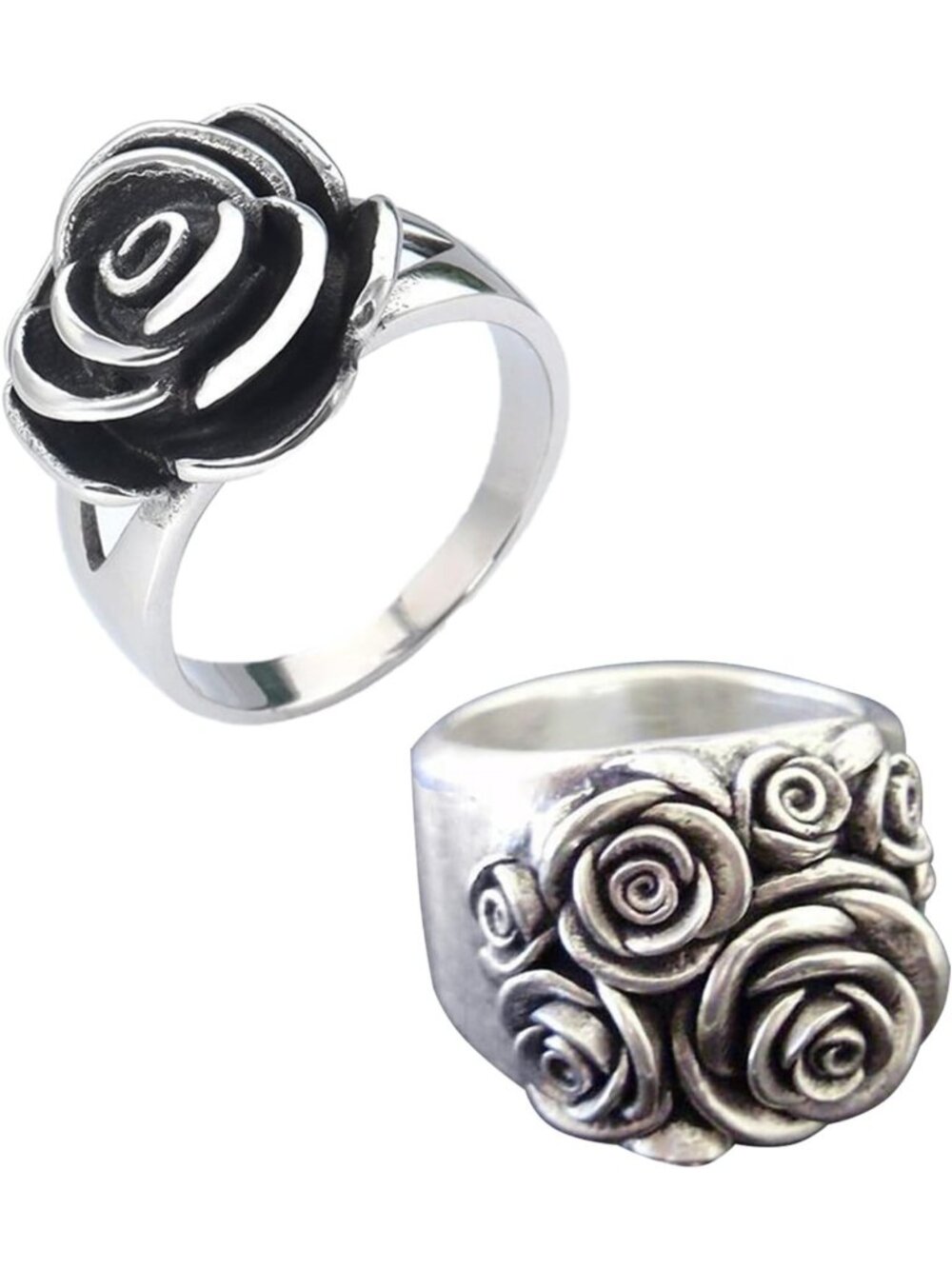 2pcs Vintage Rose 3D Flower Rings Set - 925 Sterling Silver Chunky Band Jewelry